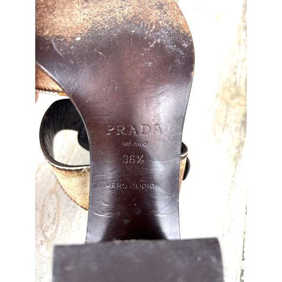 Prada womens 6 vintage block heel buckle sandals brown italy 2000 leather - Picture 8 of 8